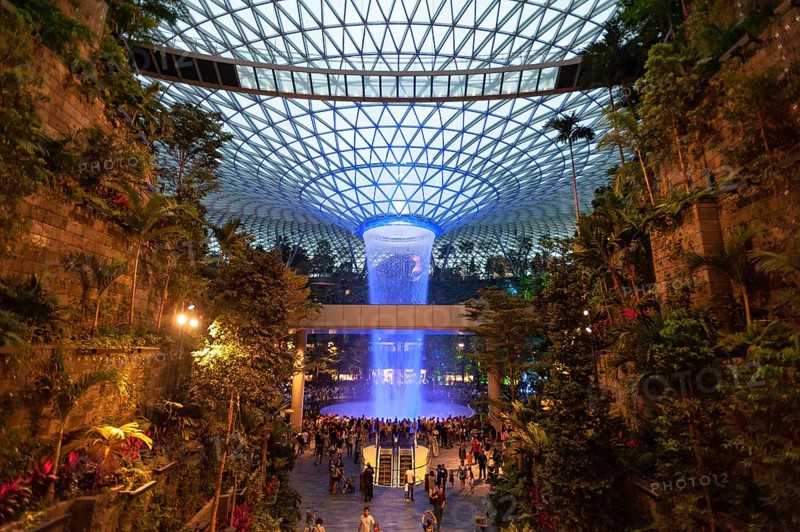 28.04.2019, Singapore, Republic of Singapore, Asia, View of the new Jewel Terminal with waterfall and Forest Valley at Changi International Airport. The design was created by the architecture firm Moshe Safdie, Asia