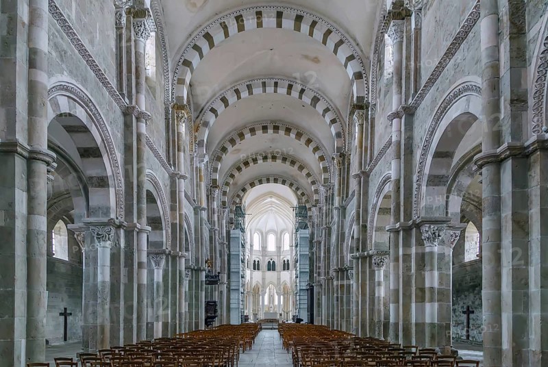 Vezelay Abbey is a Benedictine and Cluniac monastery in Vezelay, department of Yonne, France. Interior, nave