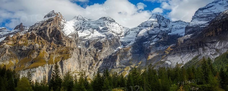 Swiss Alps banner mountain view of alpine as snow-capped mount peaks and pine trees background, Switzerland, Europe