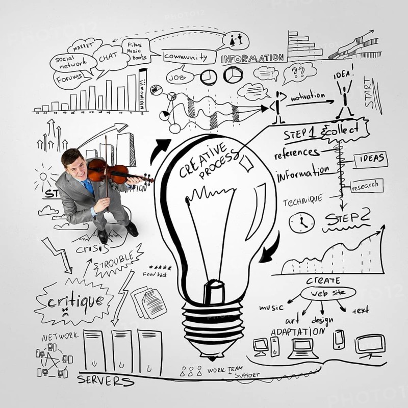 Top view of businessman playing violin and looking at plan sketches on floor