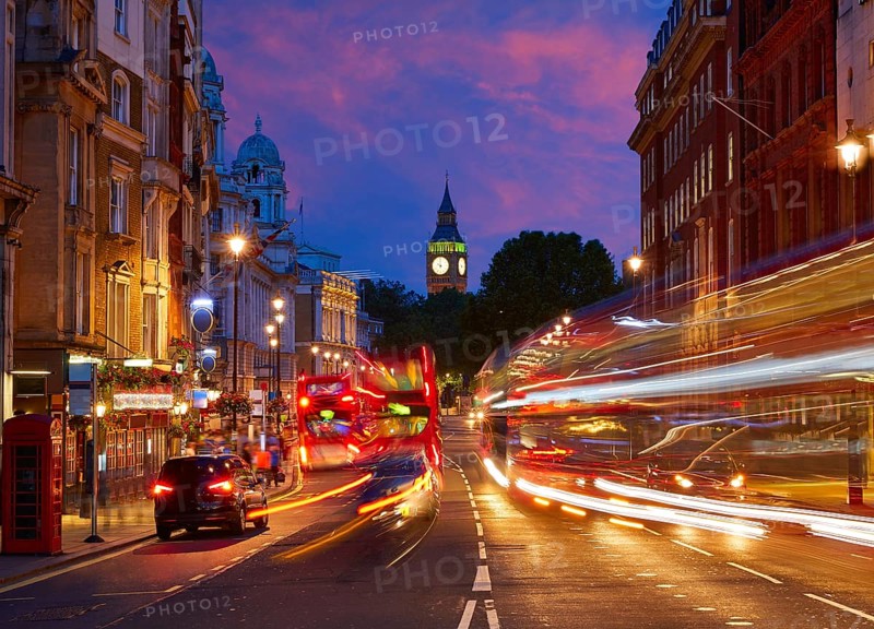 London Big Ben from Trafalgar Square traffic lights at sunset