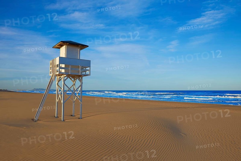 Gandia beach in Valencia of Mediterranean Spain baywatch tower