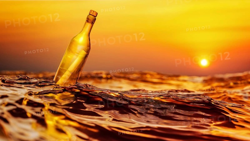 Message in a bottle sunset background 3D illustration