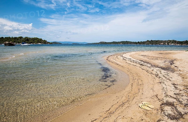 Idyllic tropical beach with gold sand and deep blue calm waters at Halkidiki, Greece. Concept of summer vacations