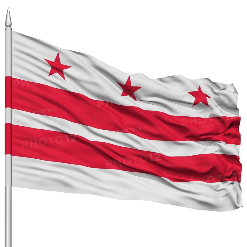 Washington DC City Flag on Flagpole, Capital City of United States of America, Flying in the Wind, Isolated on White Background