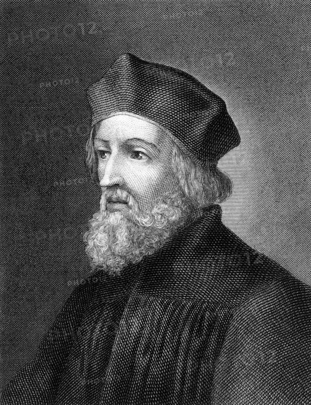 Jan Hus (1369-1415) on engraving from 1859. Czech priest, philosopher, reformer and master at Charles University in Prague. Engraved by Holbein and published in Meyers Konversations-Lexikon, Germany, 1859, Europe