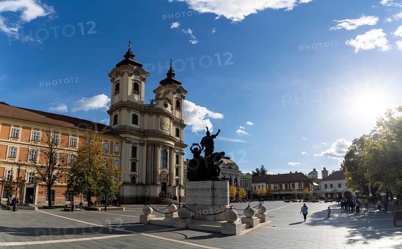 Eger, Hungary, 2 October, 2022: panorama view of the Dobo Istvan Square in Eger with the Antony of Padua Church, Europe