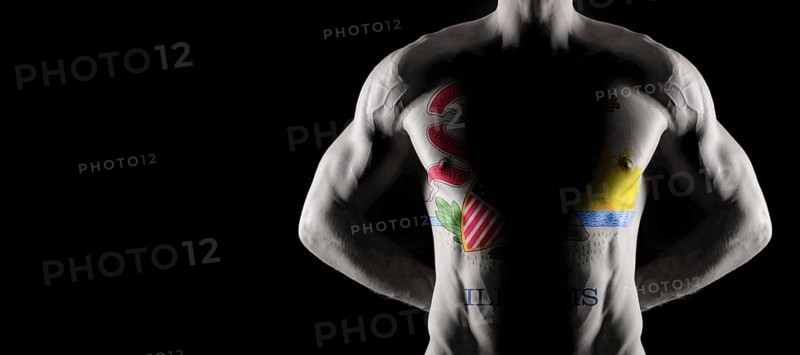 Illinois flag on muscled male torso with abs, Illinois bodybuilding concept, black background