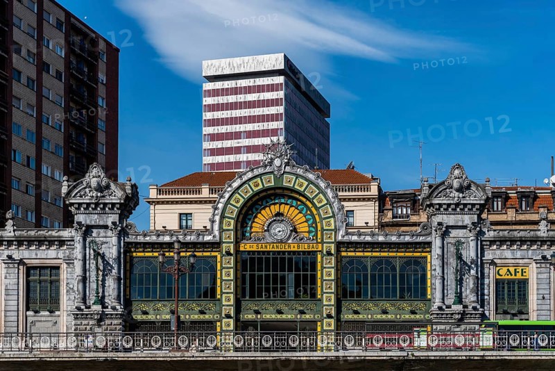 Bilbao, Spain, February 13, 2022: Bilbao-Concordia railway station on the riverside of the estuary of Bilbao, Europe