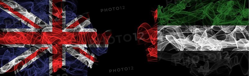 Flags of Union Jack and UAE on Black background, Union Jack vs United Arab Emirates Smoke Flags