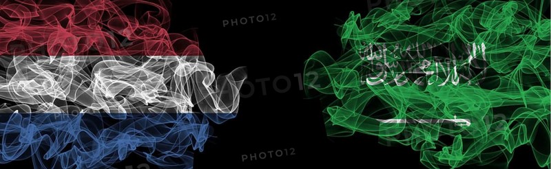 Flags of Netherlands and Saudi Arabia on Black background, Netherlands vs Saudi Arabia Smoke Flags