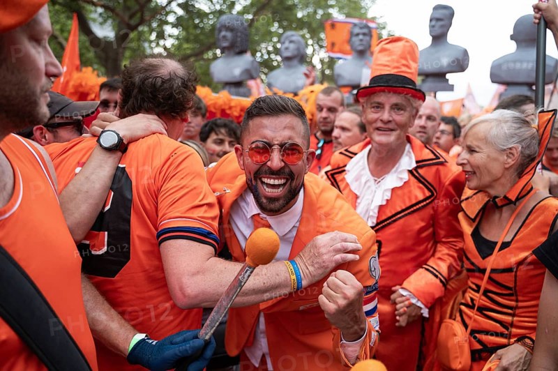 06/07/2024, Berlin, Germany, Europe, Fans of the Dutch national football team celebrate on a fan walk in front of the quarter-final match against Turkey during the European Football Championship UEFA EURO 2024, Europe