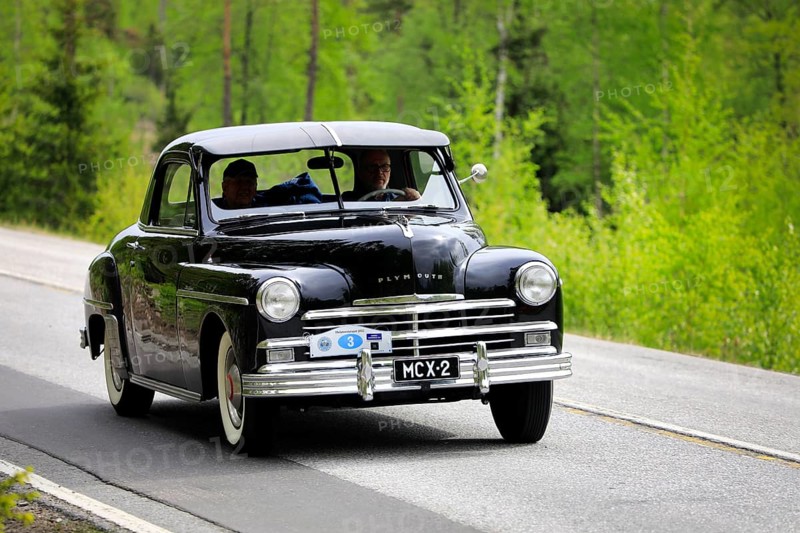 1949 Plymouth P-17 Deluxe Business Coupe on Ascension Day vintage car rally by AHS ry, road 104, Fiskars, Finland. May 26, 2022