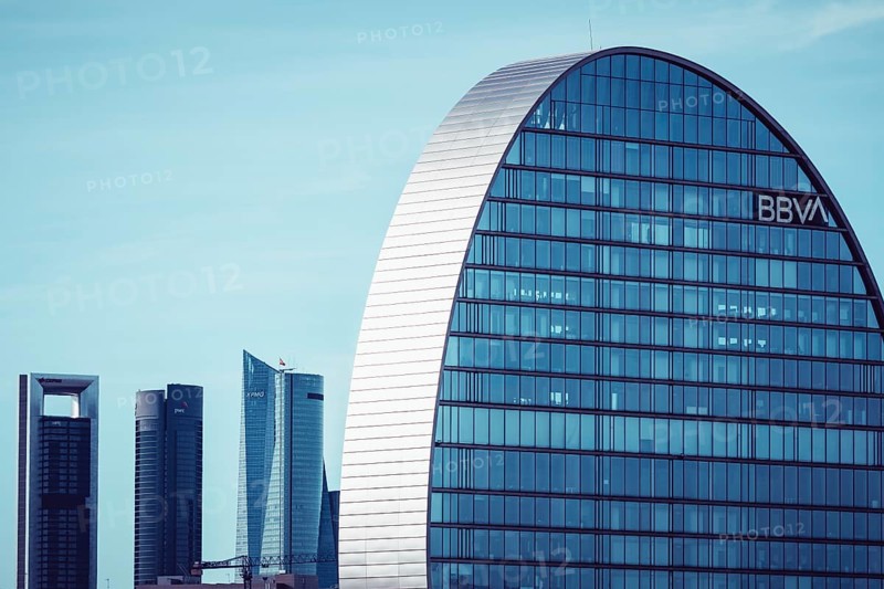 Madrid, Spain, June 19, 2021: City BBVA. Headquarters of BBVA bank in Las Tablas district. La Vela Building designed by Herzog and de Meuron. Finance, business and banking concepts, Europe