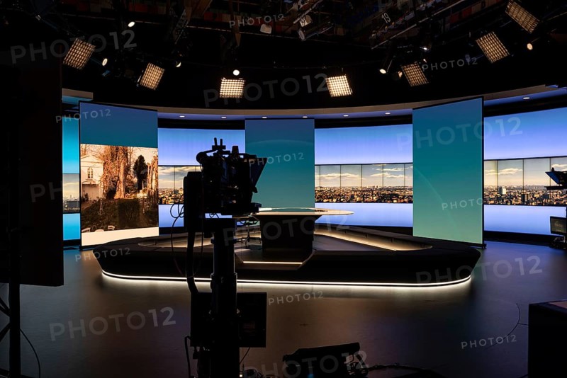 Schaerbeek, Brussels Capital Region, Belgium, 03 26 2022, Main studio of the daily news of the Flemish Broadcasting Company, Europe