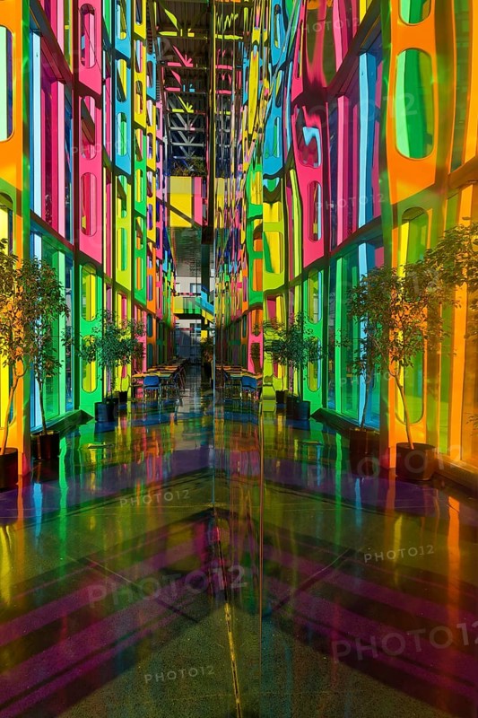 Colourful window reflections in the convention centre, Montreal, Province of Quebec, Canada, North America