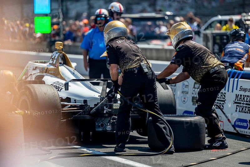 INDYCAR driver, RINUS VEEKAY (21) of Hoofddorp, Netherlands, brings his Ed Carpenter Racing Chevrolet car in for a pit stop during the Pit Stop Competition at the Indianapolis Motor Speedway in Indianapolis, IN, USA, North America