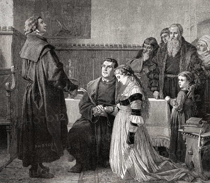 Martin Luther's marriage with Katharina von Bora, 1525, from the left: parish priest Bugenhagen, on the right side witness Dr. Jonas, Abel and the painter Lucas Cranach