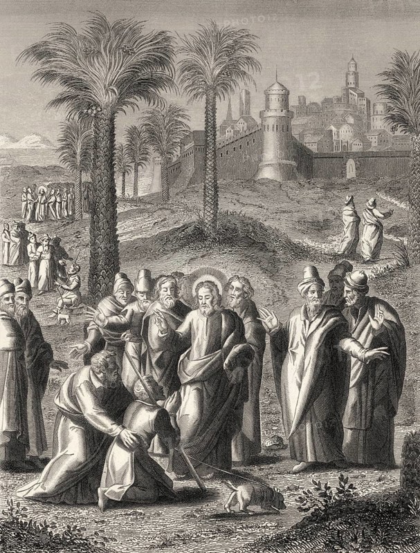 Healing a blind man near Jericho, New Testament, steel engraving 1853, digitally restored