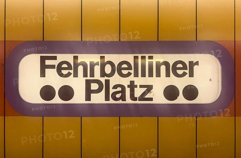 Beuatiful 1970s station sign at the subway station Fehrbelliner Platz in Berlin, Germany, Europe