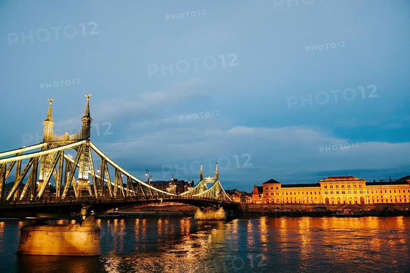 Panorama of the Freedom Bridge and the ensemble of buildings on the shore at night. Side view.