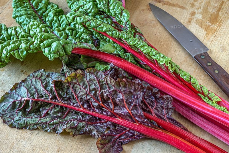 Red-stemmed chard on a beechwood board