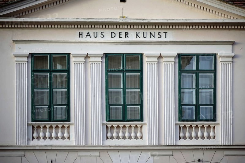 Baden bei Wien, Austria - November 14, 2015: Three windows with columns and the inscription Haus der Kunst on the façade of the exhibition building on 14 November 2015 in Baden bei Wien
