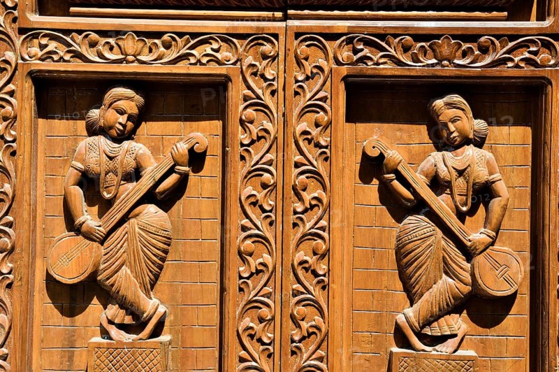 Wooden women musicians relief, Surat, Gujarat, India, Asia