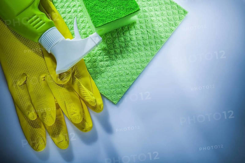 Household washcloth sponge sprayer safety gloves on white background