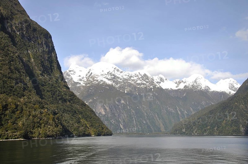 View of Cascades (on left) at Milford Sound, Fiordland, New Zealand, Oceania