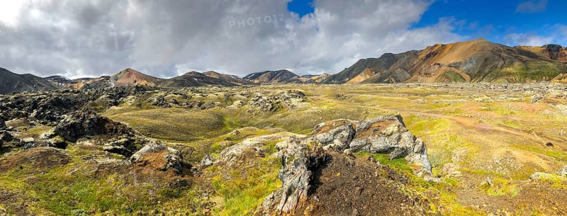 Panorama of Iceland landscape at Laugavegur hiking trail in Fjallabak Nature Reserve. Travel and tourism