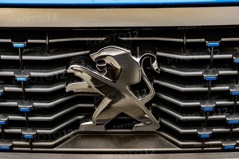 WETZLAR, Germany 2022-04-23: Peugeot logo closeup on a car grill. Peugeot as car manufacturer was founded at 1882