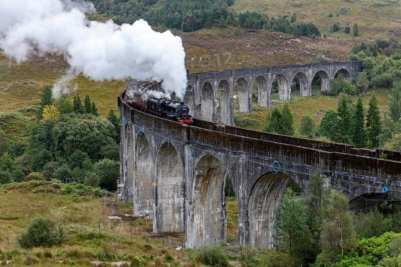 The Jacobite Steam Train, steam railway on the Glenfinnan railway viaduct, known from Harry Potter, Glenfinnan, Highlands, Scotland, Great Britain