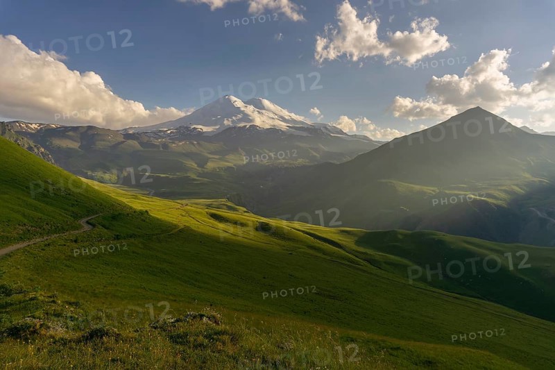 Beautiful view of Mount Elbrus at sunset, North Caucasus mountains, Russia, Europe