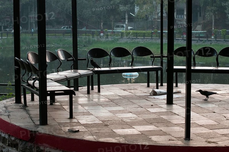 Chairs sitting arranged in garden Pune Maharashtra India Asia Feb 2012