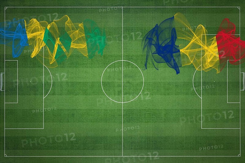 Saint Vincent and the Grenadines vs Romania Soccer Match, national colors, national flags, soccer field, football game, Competition concept, Copy space
