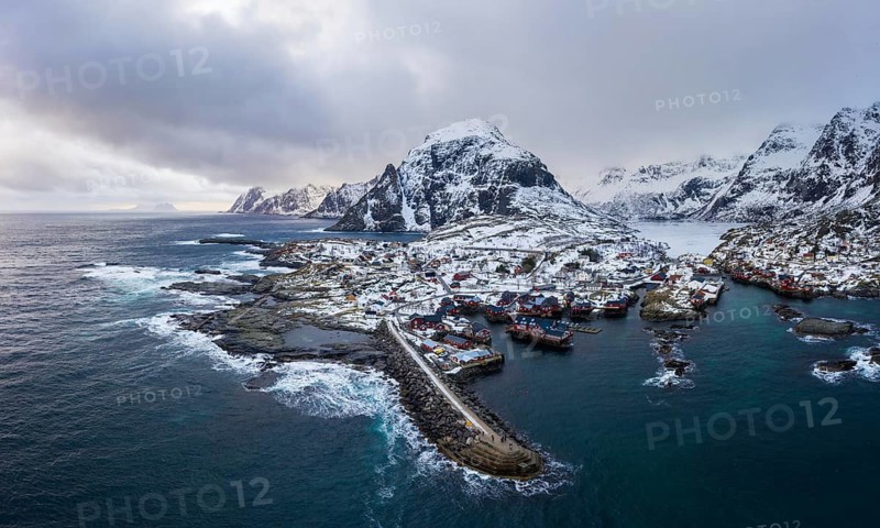 Fishing Village A, Rorbu, Sea and Mountains in Winter. Moskenes, Lofoten Islands. Landscape of Norway. Aerial View
