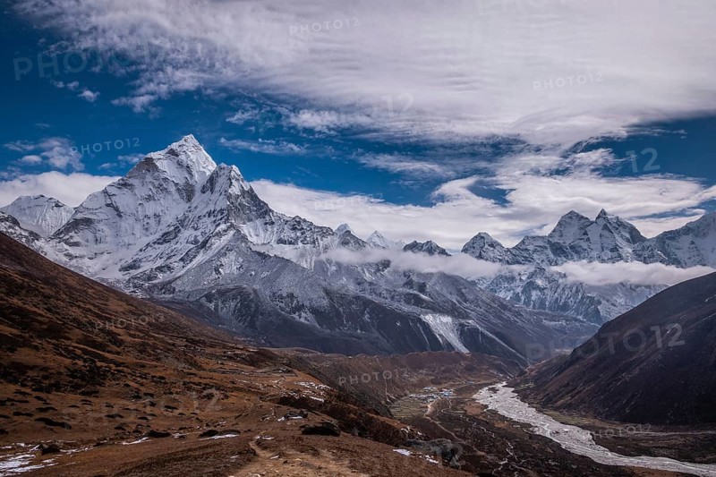 Ama Dablam Mountain and Khumbu Valley on Sunny Day. Himalaya, Nepal, Asia