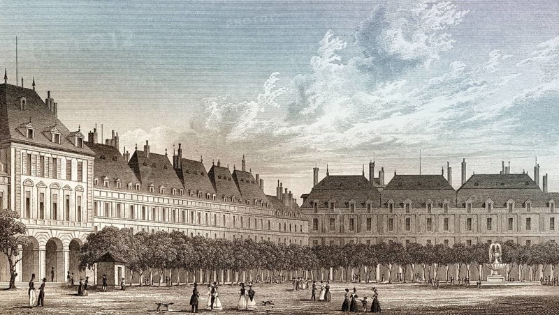 The Place des Vosges, Paris, antique steel engraved print, 1831