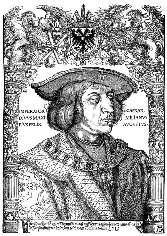 Maximilian I von Habsburg, known as the last knight, 1459 -1519, duke of Burgundy, German king, Archduke of Austria and Emperor of the Holy Roman Empire, Historische Zeichnung aus dem 19. Jahrhundert, Portrait von Maximilian I. von Habsburg, genannt der letzte Ritter, 1459 -1519, Herzog von Burgund, deutscher König, Erzherzog von Österreich und Kaiser des Heiligen Römischen Reiches
