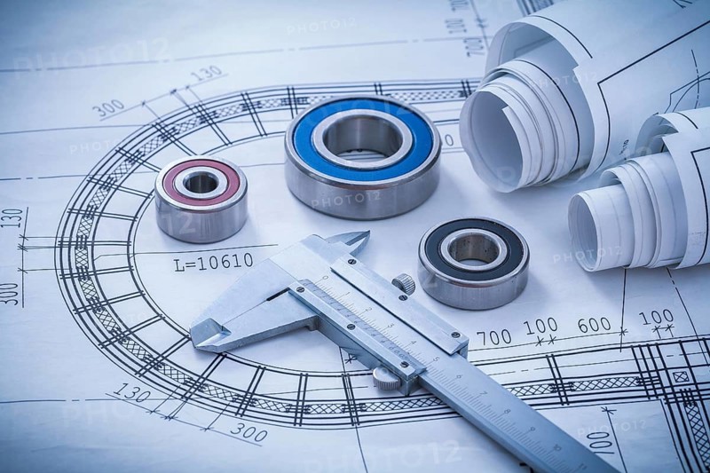 Construction plans caliper roller bearings on blueprint architecture and building concept
