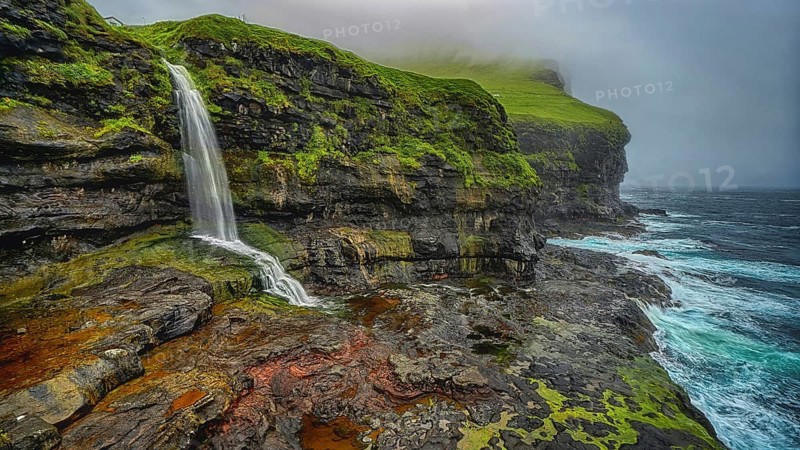 Small waterfall, Karlsöy, Kalsoy, Faroe Islands, outer island, Denmark, Karlsöy, Faroe Islands, Denmark, Europe