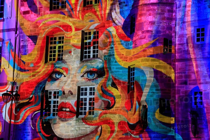 Projections on the façade of the Maison de la Duchesse Anne, light show at the turn of the year in the old town centre of Landerneau, Finistere Penn-ar-Bed department, Bretagne Breizh region, France, Europe