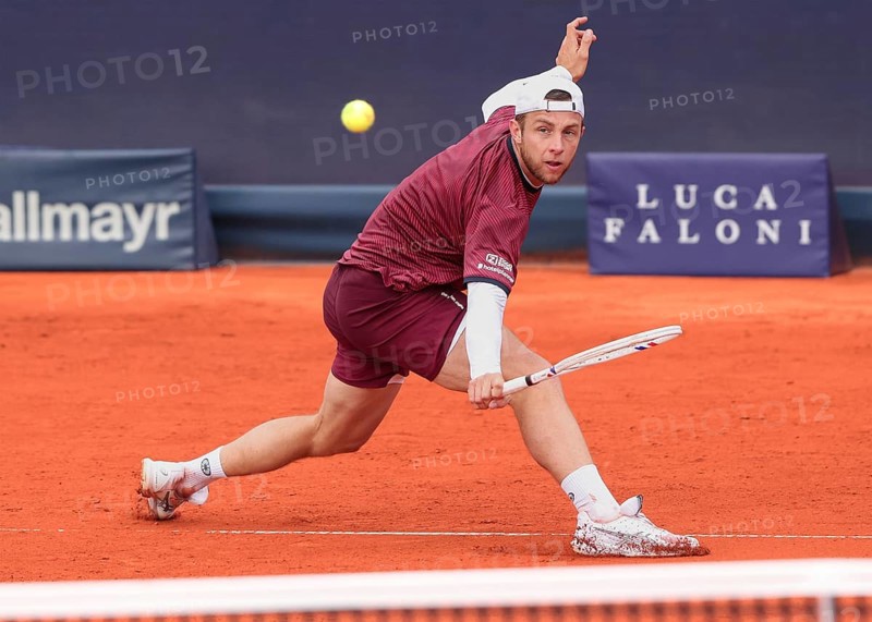 Dutch tennis player Tallon Griekspoor playing a backhand volley at the 2025 BMW Open tournament in Munich, Bavaria, Germany, Europe