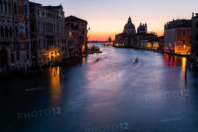 Morning atmosphere in front of sunrise, view of the Grand Canal from the Ponte dell' Accademia, Basilica Maria della Salute in the background, long exposure, Venice, Italy, Europe