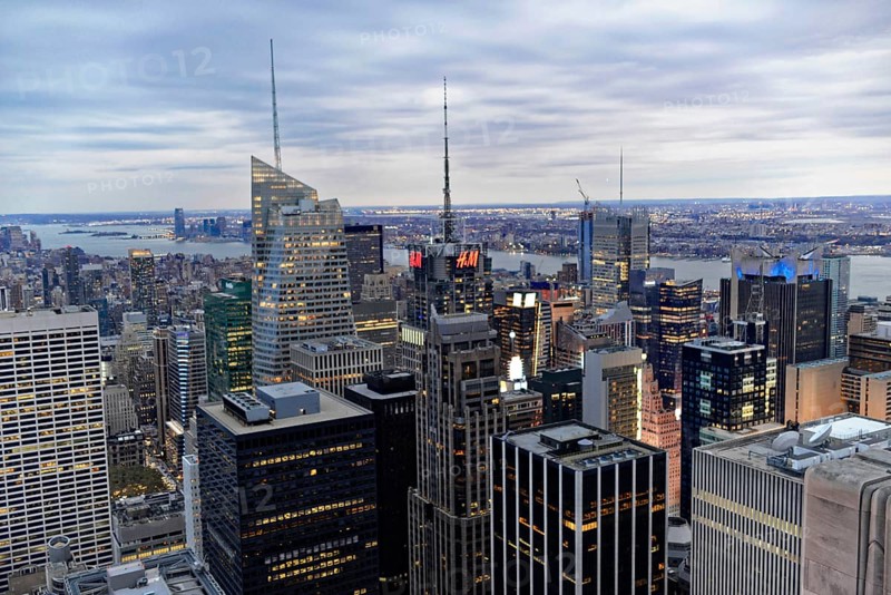 Rockefeller Center observation deck, panoramic view of the dense skyline of New York City, skyscrapers of New York, river and skyline in the background, Manhattan, New York City, New York, USA, North America