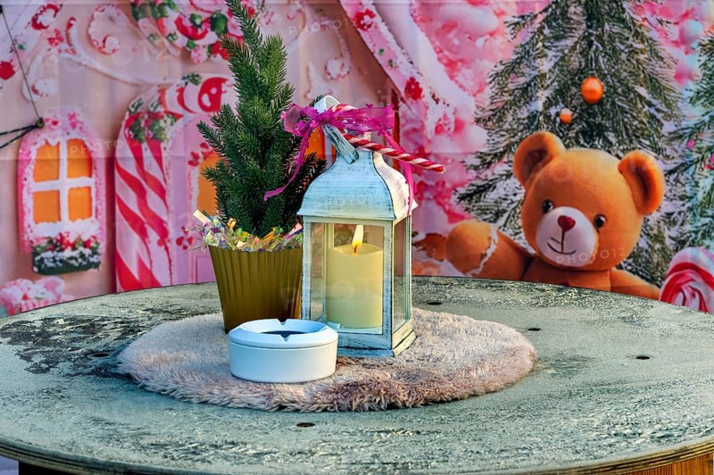 Decorated table with lantern at the Christmas market, Kempten, Allgäu, Bavaria, Germany, Europe