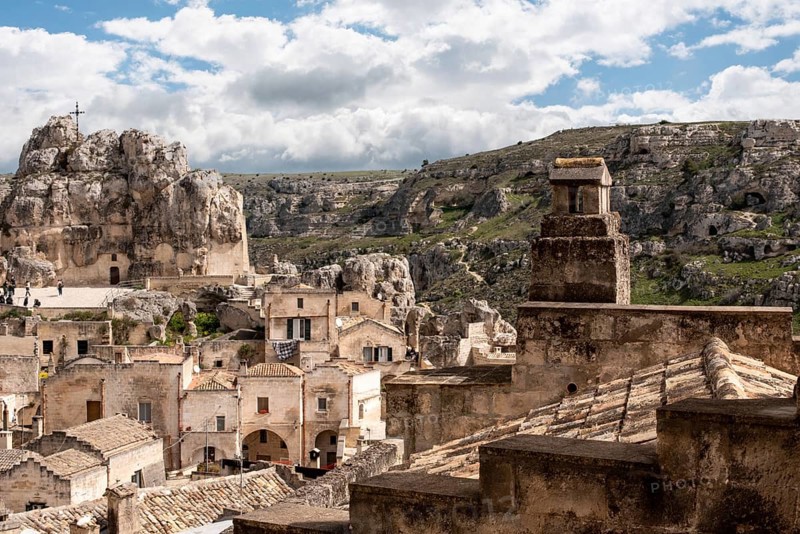 View of historic cavern basilica San Pietro in Monte Errone in historic downtown Matera, Southern Italy