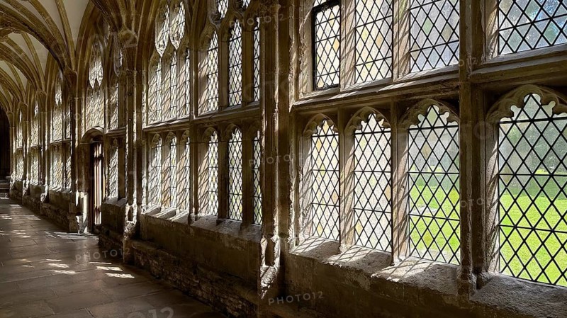 Interior view, window, Cloister, Wells Cathedral, Wells, England, Great Britain