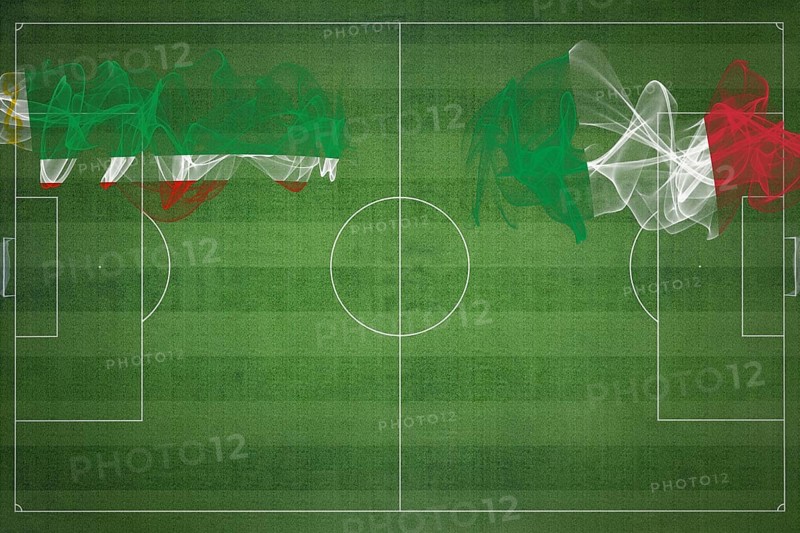 Chechnya vs Italy Soccer Match, national colors, national flags, soccer field, football game, Competition concept, Copy space